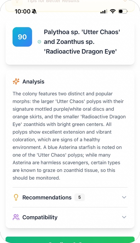 Reef Vitals algae identification — algae photo upload screen