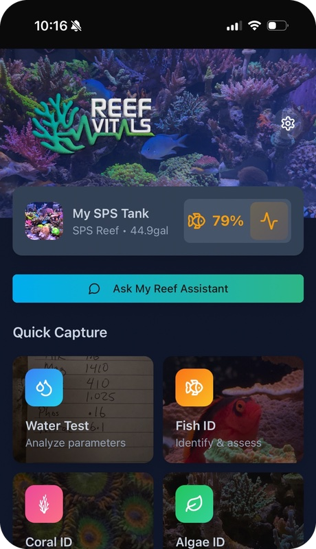 Reef Vitals reef tank app home screen dark mode — SPS tank 79% health score