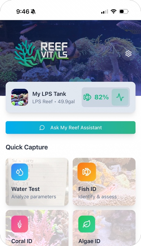 Reef Vitals reef tank app home screen light mode — LPS tank 82% health score