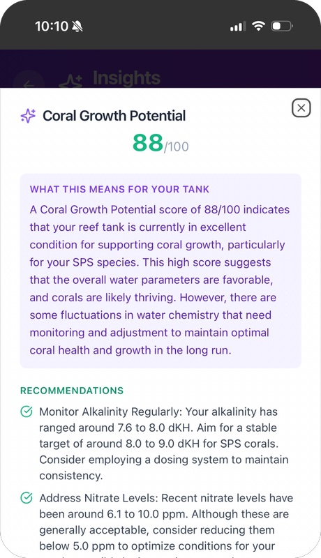 Reef Vitals insights — coral growth potential score 88 out of 100 with recommendations