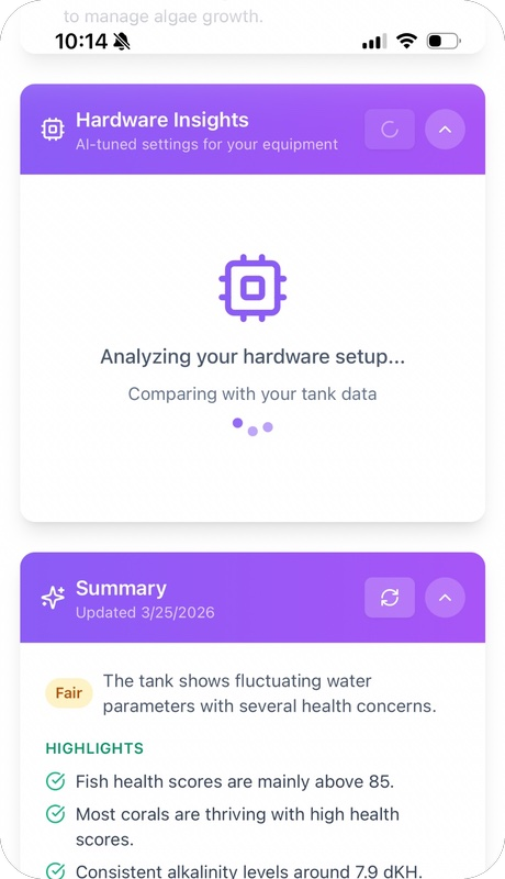 Reef Vitals insights — hardware analysis and tank summary with highlights and concerns