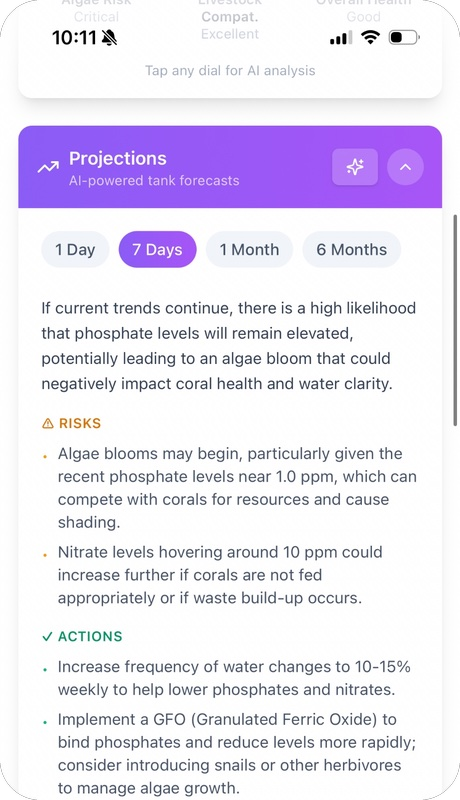 Reef Vitals AI insights — 7-day reef tank forecast with risks and action steps