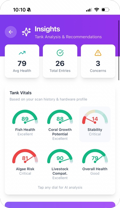 Reef Vitals insights — tank analysis with average health total entries and concerns