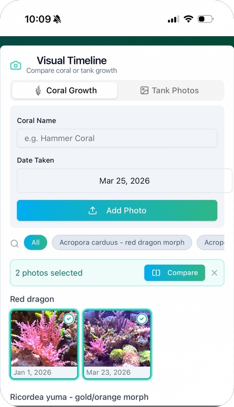 Reef Vitals insights — tank vitals dials showing fish health coral growth and stability scores