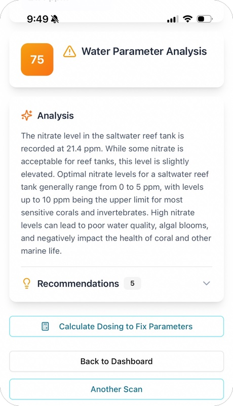 Reef Vitals water parameter analysis result — score 75 with AI recommendations