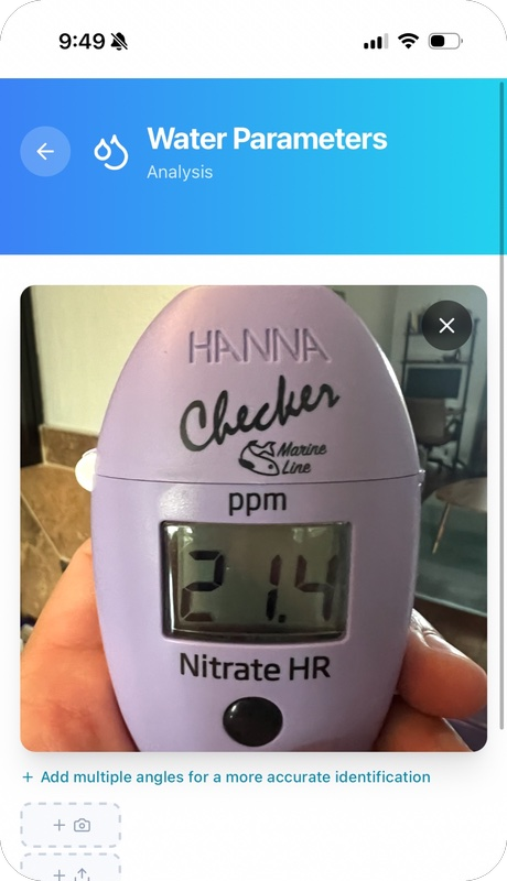 Reef Vitals water test photo upload — Hanna Checker nitrate meter
